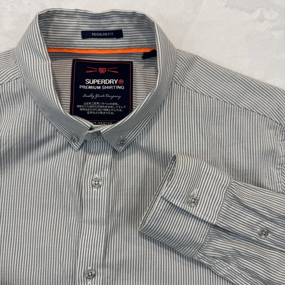 Superdry JPN Shirt Mens M Gray  Striped Academy Oxford Long Sleeve Premium